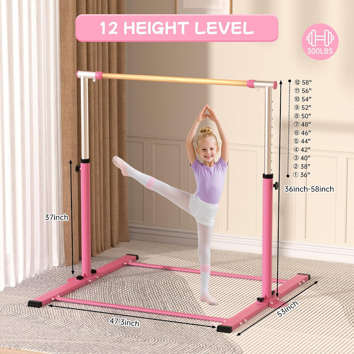 Gymnastic Kip Bar,Horizontal Bar for Kids Girls Junior,3' to 5' Adjustable Height,Home Gym Equipment,Ideal for Indoor and Home Training,300lbs Weight Capacity