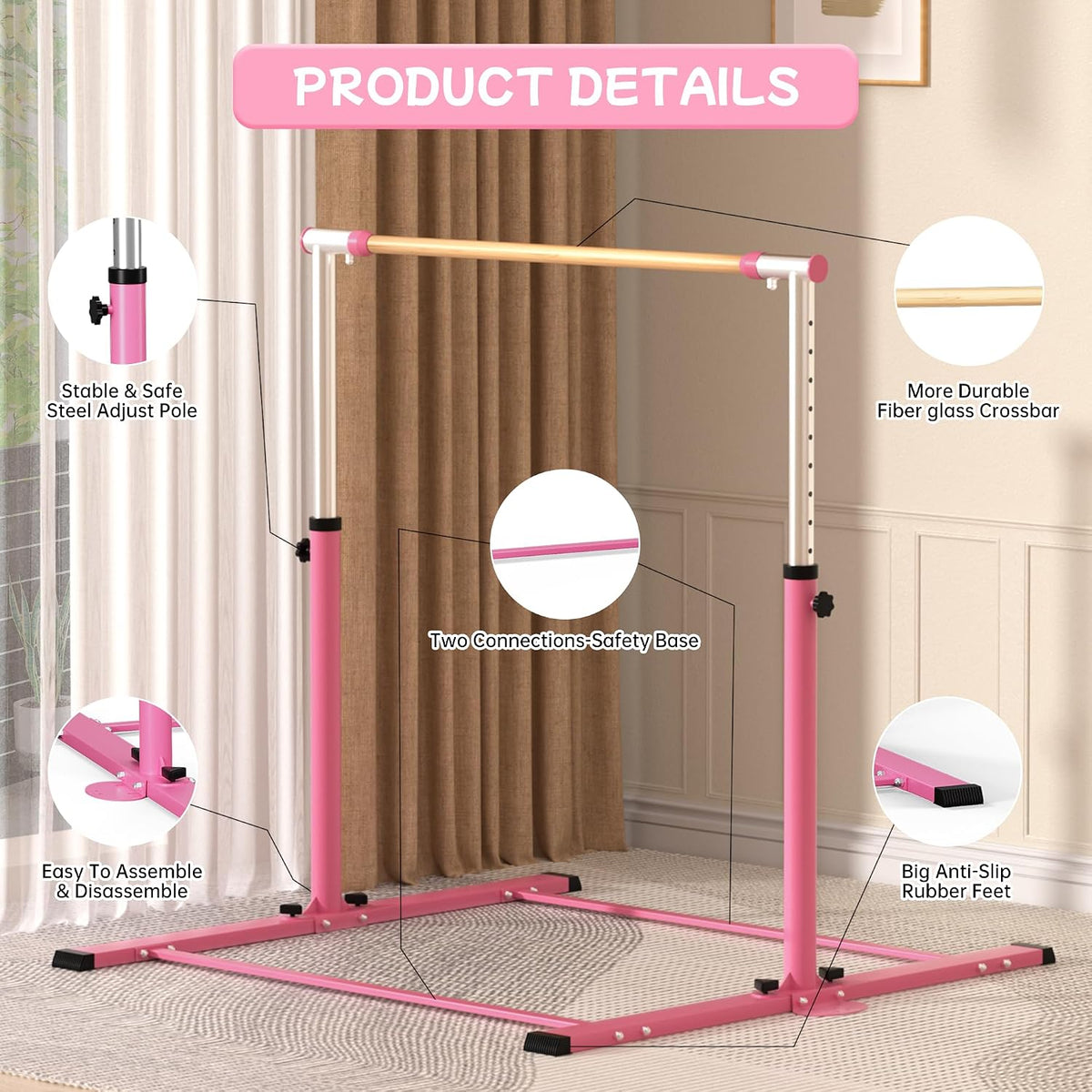 Gymnastic Kip Bar,Horizontal Bar for Kids Girls Junior,3' to 5' Adjustable Height,Home Gym Equipment,Ideal for Indoor and Home Training,300lbs Weight Capacity