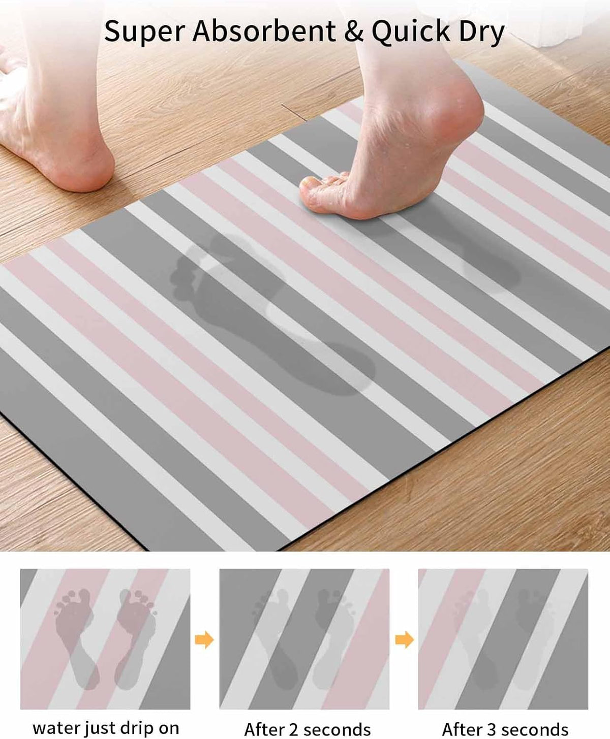Pink Striped Bath Mat for Tub,Geometric Grey White Vertical Stripes Non Slip Bathroom Floor Runner Rug Quick Dry & Absorbent Diatomaceous Earth Shower Sink Bedroom Kitchen Living Room Doormat 16"x24"