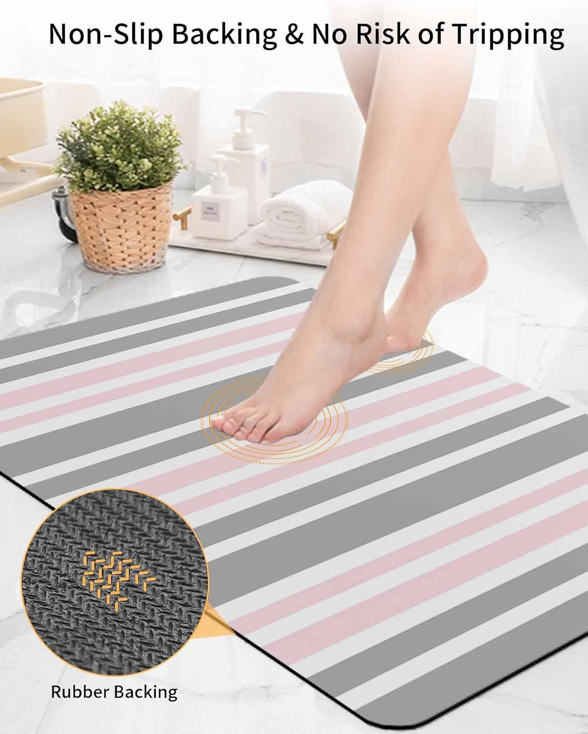 Pink Striped Bath Mat for Tub,Geometric Grey White Vertical Stripes Non Slip Bathroom Floor Runner Rug Quick Dry & Absorbent Diatomaceous Earth Shower Sink Bedroom Kitchen Living Room Doormat 16"x24"