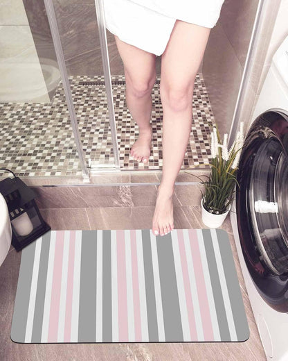 Pink Striped Bath Mat for Tub,Geometric Grey White Vertical Stripes Non Slip Bathroom Floor Runner Rug Quick Dry & Absorbent Diatomaceous Earth Shower Sink Bedroom Kitchen Living Room Doormat 16"x24"