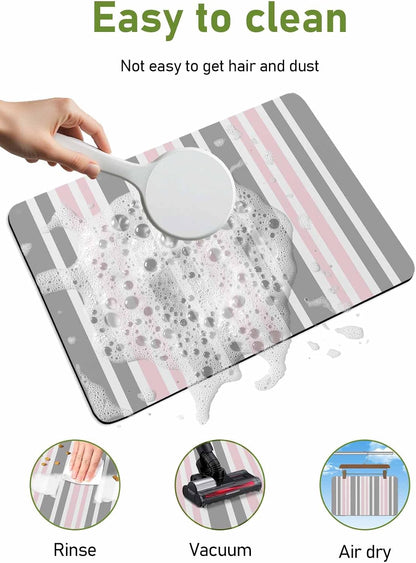 Pink Striped Bath Mat for Tub,Geometric Grey White Vertical Stripes Non Slip Bathroom Floor Runner Rug Quick Dry & Absorbent Diatomaceous Earth Shower Sink Bedroom Kitchen Living Room Doormat 16"x24"