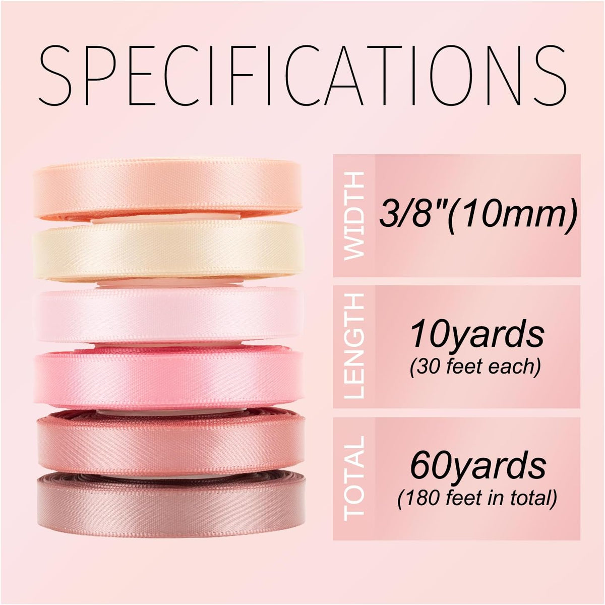 Pink Ribbon 3/8 Inch x 60Yds Assorted Thin Double Faced Satin, Dusty Rose, Rose Gold, Peach, Vanilla, Pink Ribbon for Flower Bouquet Gift Wrapping Wedding Invitation Bridal Shower Hair Bows Crafts