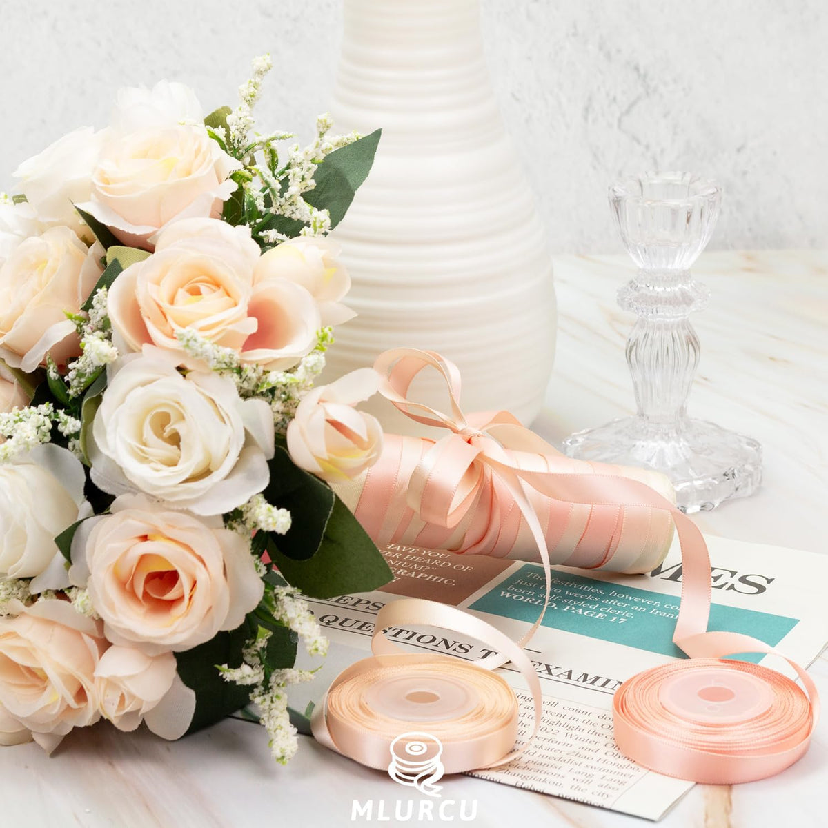 Pink Ribbon 3/8 Inch x 60Yds Assorted Thin Double Faced Satin, Dusty Rose, Rose Gold, Peach, Vanilla, Pink Ribbon for Flower Bouquet Gift Wrapping Wedding Invitation Bridal Shower Hair Bows Crafts