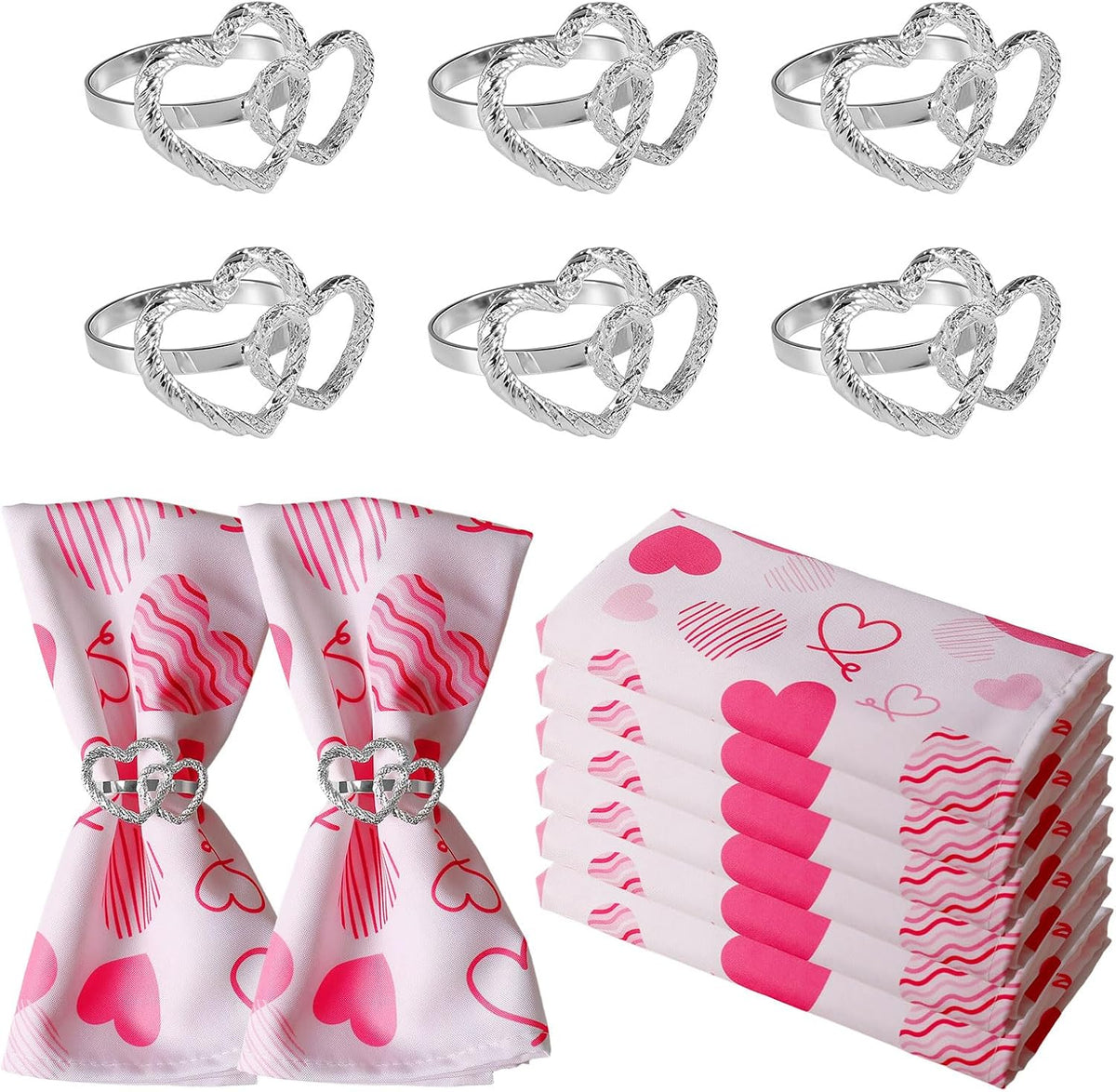 Silver Heart Napkin Rings Plus Valentine's Day Pink Cloth Napkins Set of 12, 6 pcs Polyester Red Pink Heart Cloth Napkins, 6 pcs Metal Napkin Holders for Wedding, Memorial Party Dinner Table Decor