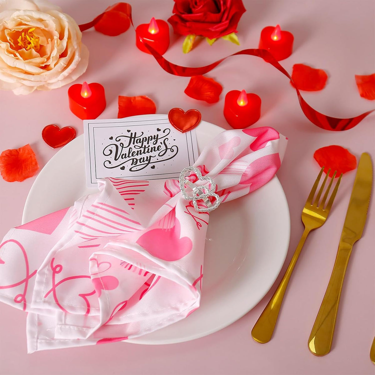 Silver Heart Napkin Rings Plus Valentine's Day Pink Cloth Napkins Set of 12, 6 pcs Polyester Red Pink Heart Cloth Napkins, 6 pcs Metal Napkin Holders for Wedding, Memorial Party Dinner Table Decor