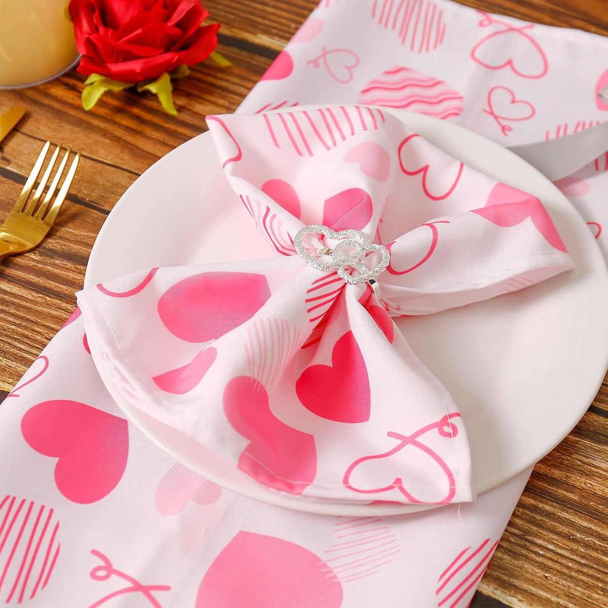 Silver Heart Napkin Rings Plus Valentine's Day Pink Cloth Napkins Set of 12, 6 pcs Polyester Red Pink Heart Cloth Napkins, 6 pcs Metal Napkin Holders for Wedding, Memorial Party Dinner Table Decor