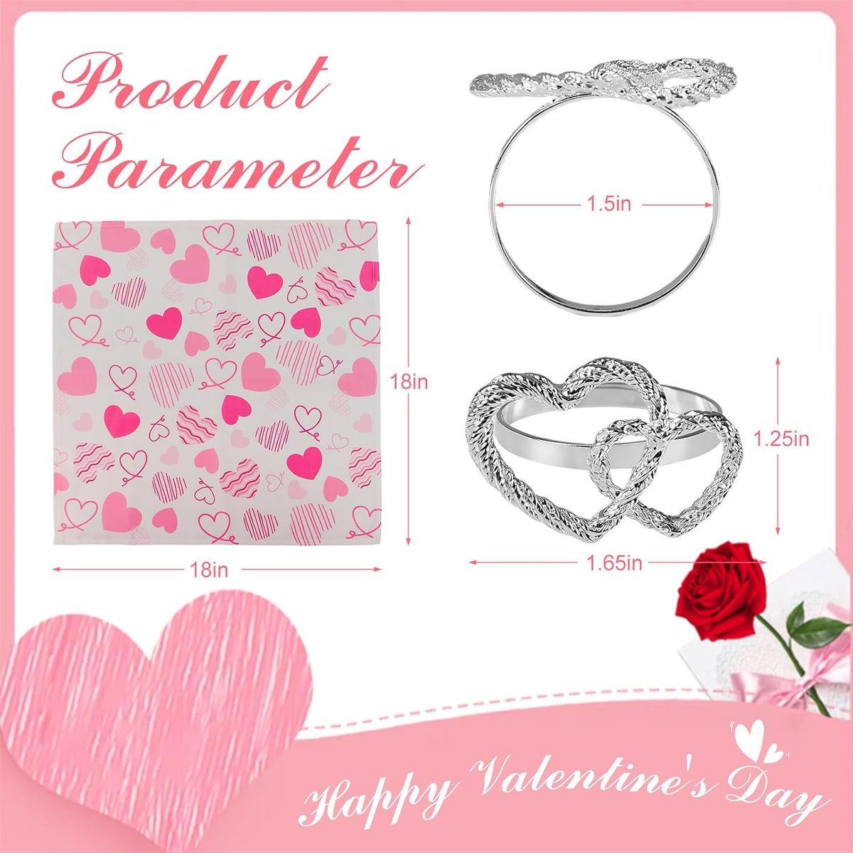 Silver Heart Napkin Rings Plus Valentine's Day Pink Cloth Napkins Set of 12, 6 pcs Polyester Red Pink Heart Cloth Napkins, 6 pcs Metal Napkin Holders for Wedding, Memorial Party Dinner Table Decor
