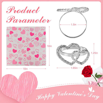 Silver Heart Napkin Rings Plus Valentine's Day Pink Cloth Napkins Set of 12, 6 pcs Polyester Red Pink Heart Cloth Napkins, 6 pcs Metal Napkin Holders for Wedding, Memorial Party Dinner Table Decor