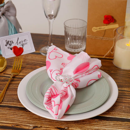 Silver Heart Napkin Rings Plus Valentine's Day Pink Cloth Napkins Set of 12, 6 pcs Polyester Red Pink Heart Cloth Napkins, 6 pcs Metal Napkin Holders for Wedding, Memorial Party Dinner Table Decor