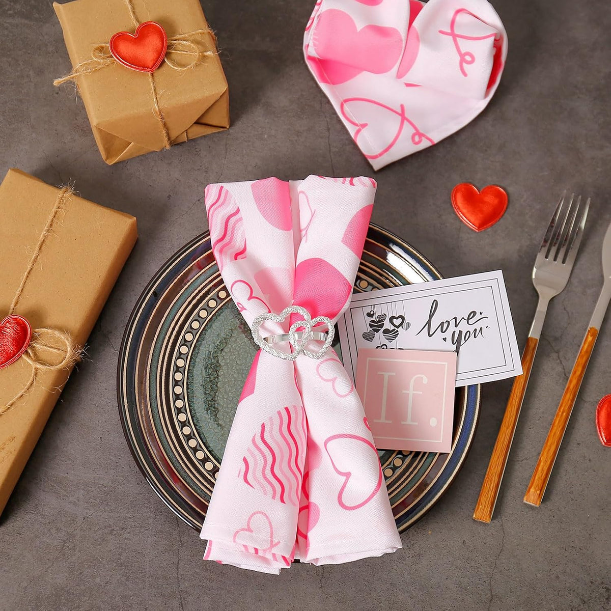 Silver Heart Napkin Rings Plus Valentine's Day Pink Cloth Napkins Set of 12, 6 pcs Polyester Red Pink Heart Cloth Napkins, 6 pcs Metal Napkin Holders for Wedding, Memorial Party Dinner Table Decor