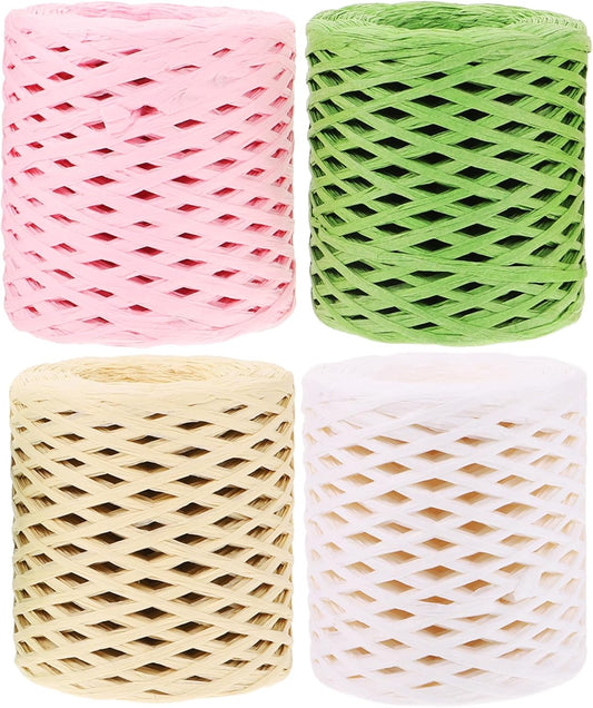 4 Rolls Raffia Ribbon Twine Wrapping Supplies, Multi-Color (White Wind, Grass, Natural Grain, Peach), Decorative Packing Ribbon for Christmas and DIY Craft Projects