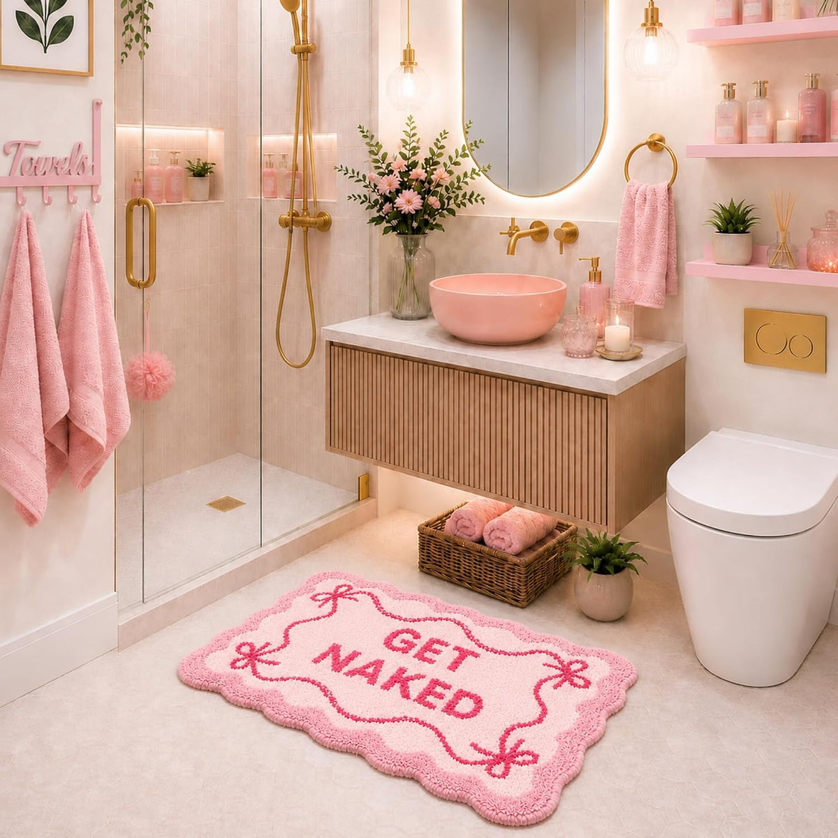Get Naked Bath Mat Pink Bow Bathroom Rugs Non-Slip 32" x 20"
