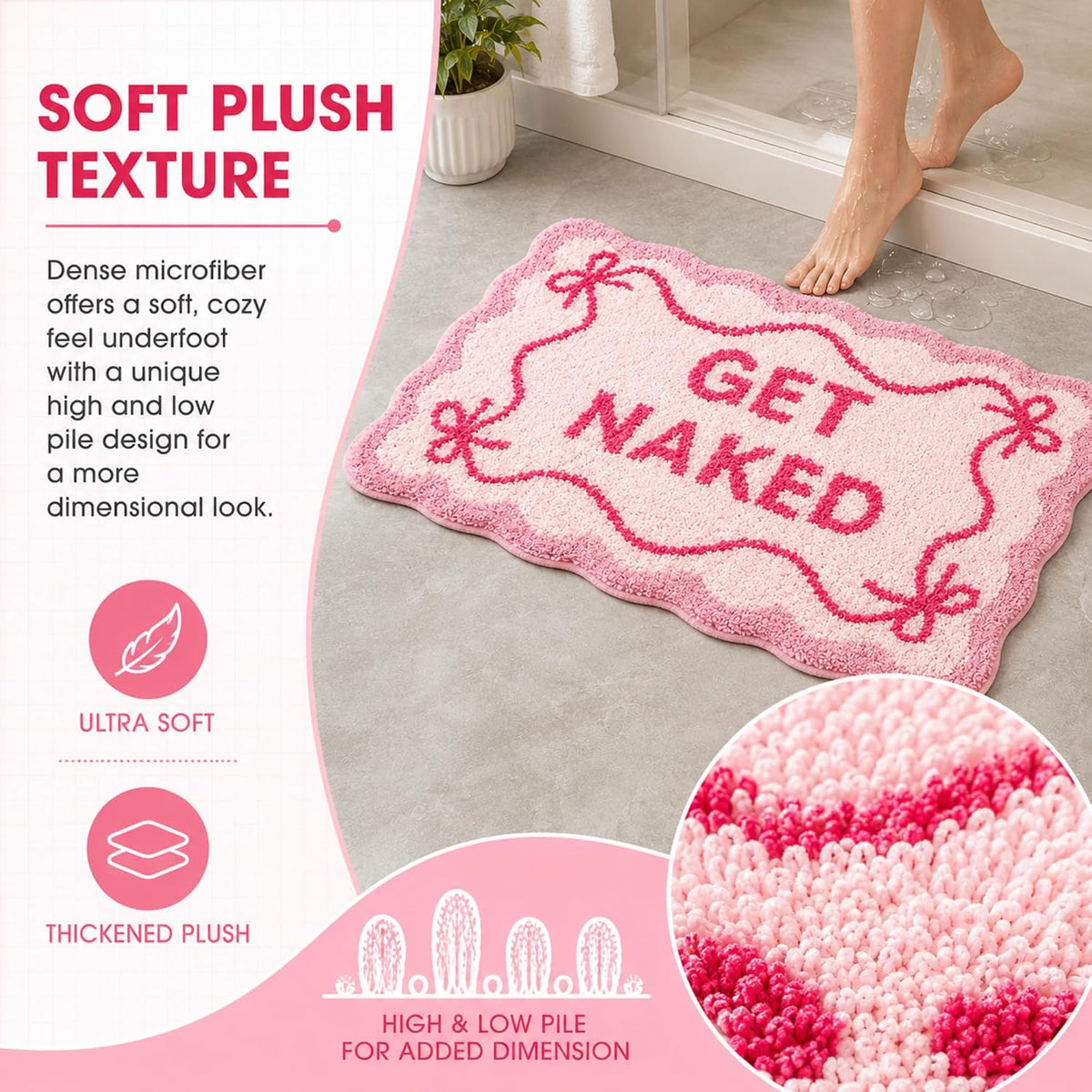Get Naked Bath Mat Pink Bow Bathroom Rugs Non-Slip 32" x 20"