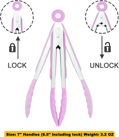 Small Serving Tongs with Silicone Tips 7-Inch Mini Tongs, Set of 3 (Pink)