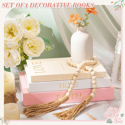 3 Set Linen Decorative Books with Beaded Garland, Classic, Light Pink