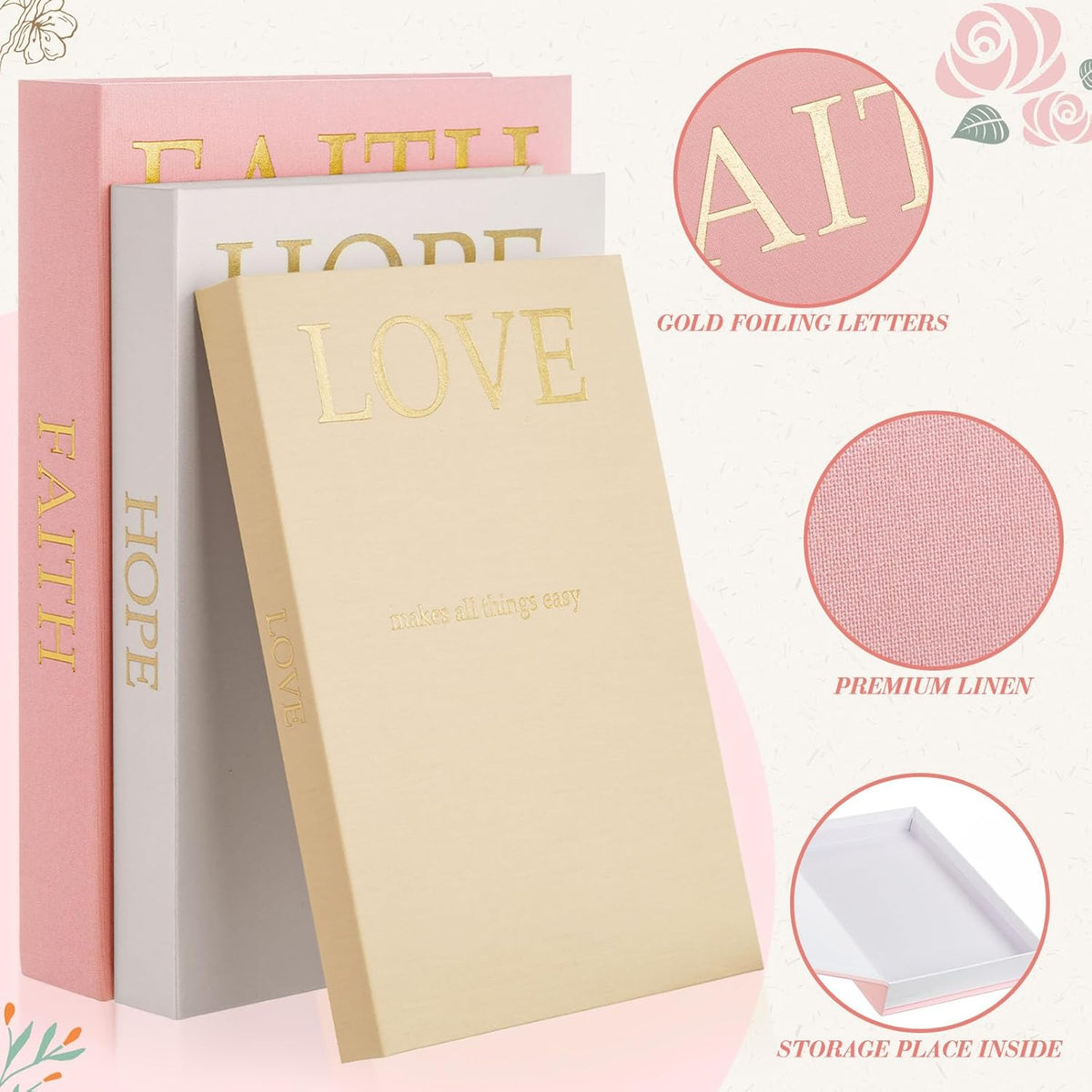 3 Set Linen Decorative Books with Beaded Garland, Classic, Light Pink