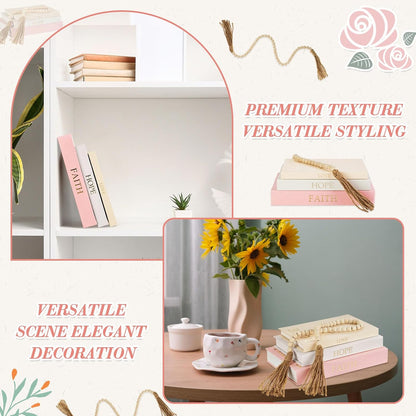 3 Set Linen Decorative Books with Beaded Garland, Classic, Light Pink