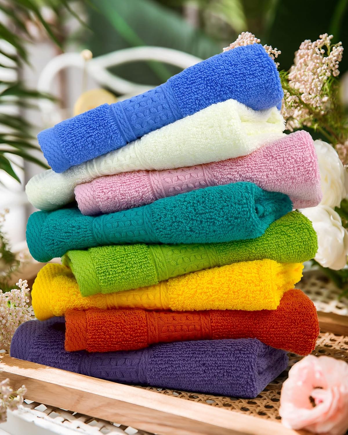 Wash Cloths for Showering 24-Pack Soft Cotton, 8 Colors 13” x 13”