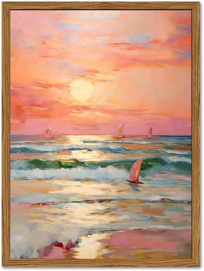 Framed Pink Coastal Canvas Wall Art, Beach Sunset Sailboat Pictures Wall Decor, Pastel Ocean Landscape Paintings Prints Beachy Home Decor for Living Room Bedroom Bathroom Dorm 12x16 inch