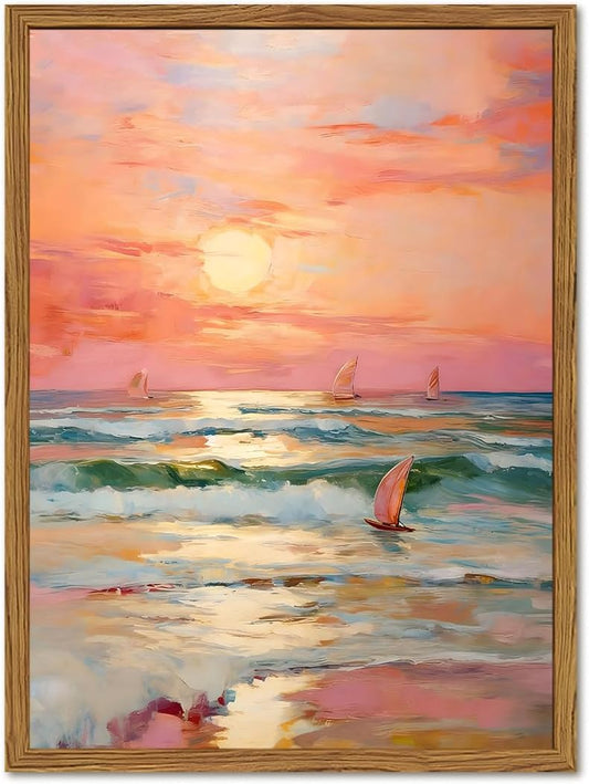 Framed Pink Coastal Canvas Wall Art, Beach Sunset Sailboat Pictures Wall Decor, Pastel Ocean Landscape Paintings Prints Beachy Home Decor for Living Room Bedroom Bathroom Dorm 12x16 inch