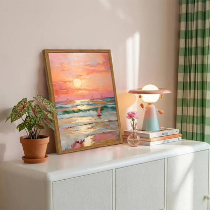 Framed Pink Coastal Canvas Wall Art, Beach Sunset Sailboat Pictures Wall Decor, Pastel Ocean Landscape Paintings Prints Beachy Home Decor for Living Room Bedroom Bathroom Dorm 12x16 inch