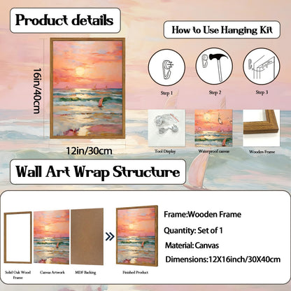 Framed Pink Coastal Canvas Wall Art, Beach Sunset Sailboat Pictures Wall Decor, Pastel Ocean Landscape Paintings Prints Beachy Home Decor for Living Room Bedroom Bathroom Dorm 12x16 inch