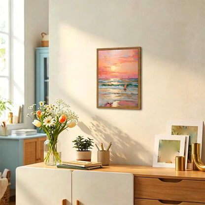 Framed Pink Coastal Canvas Wall Art, Beach Sunset Sailboat Pictures Wall Decor, Pastel Ocean Landscape Paintings Prints Beachy Home Decor for Living Room Bedroom Bathroom Dorm 12x16 inch