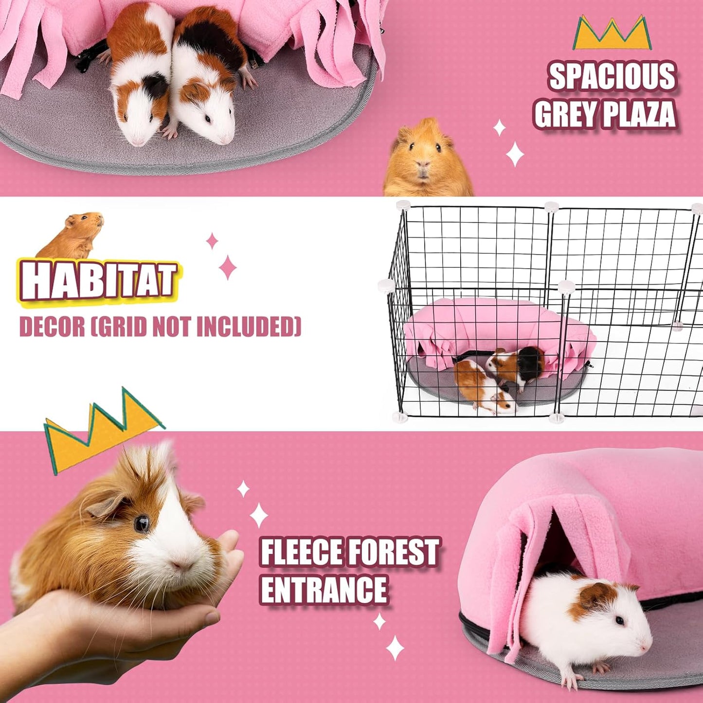Guinea Pig Tunnel, 2-Way Tunnel for Guinea Pig, Hamster and Other Small Pets, Zip Design for Use and Storage, Pure Pink and Grey