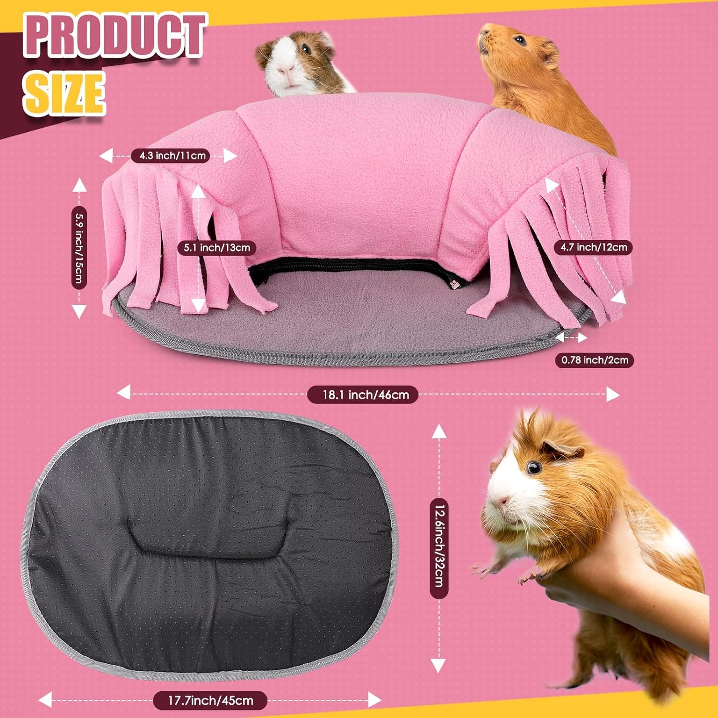 Guinea Pig Tunnel, 2-Way Tunnel for Guinea Pig, Hamster and Other Small Pets, Zip Design for Use and Storage, Pure Pink and Grey