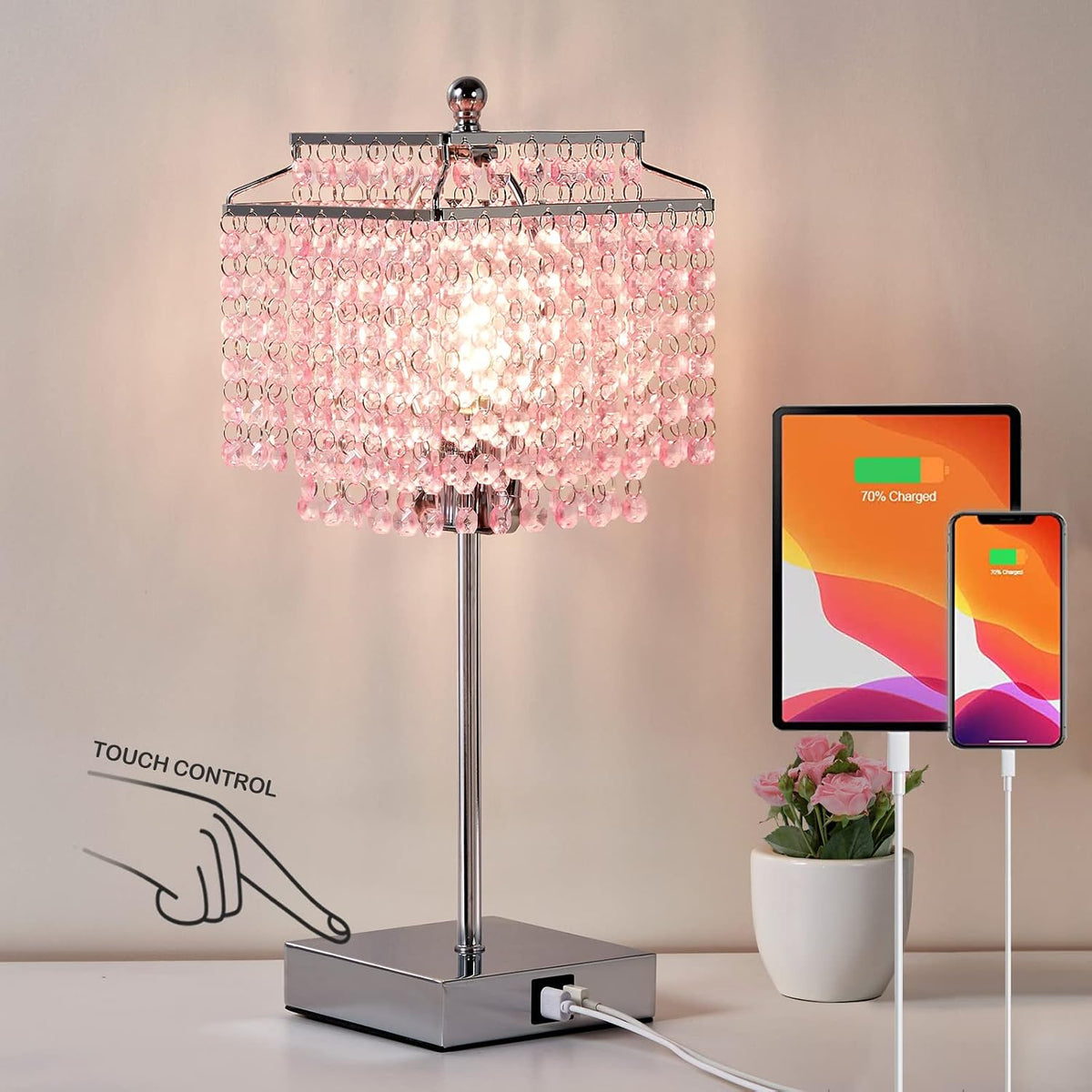 Crystal Touch Table Lamp, Bedside Lamp with USB C+A Ports, Pink Lamp