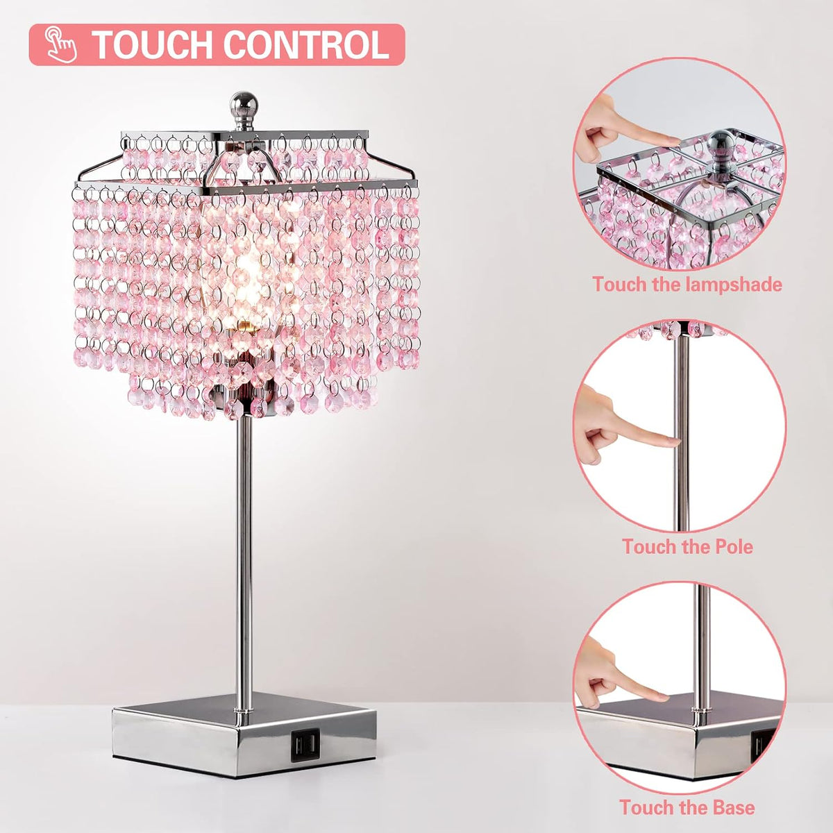 Crystal Touch Table Lamp, Bedside Lamp with USB C+A Ports, Pink Lamp