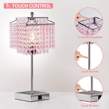 Crystal Touch Table Lamp, Bedside Lamp with USB C+A Ports, Pink Lamp