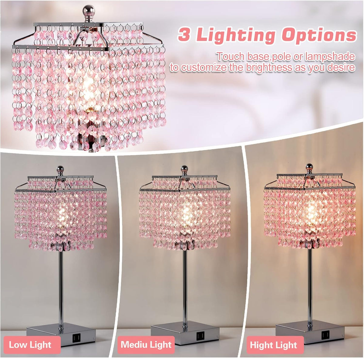 Crystal Touch Table Lamp, Bedside Lamp with USB C+A Ports, Pink Lamp