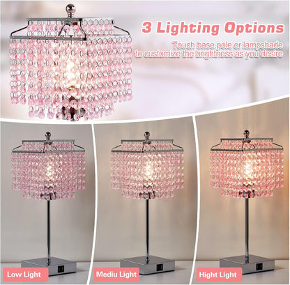 Crystal Touch Table Lamp, Bedside Lamp with USB C+A Ports, Pink Lamp