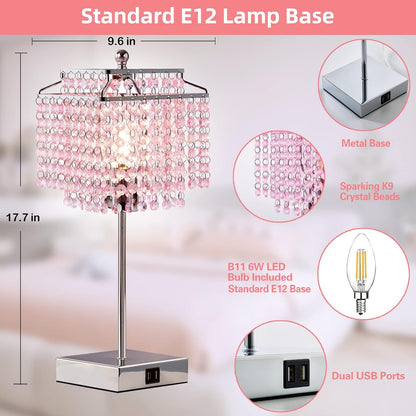 Crystal Touch Table Lamp, Bedside Lamp with USB C+A Ports, Pink Lamp