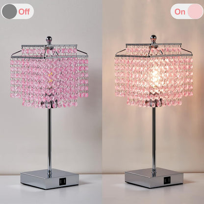 Crystal Touch Table Lamp, Bedside Lamp with USB C+A Ports, Pink Lamp
