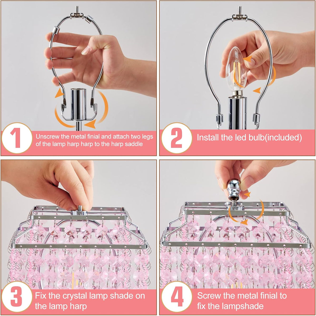 Crystal Touch Table Lamp, Bedside Lamp with USB C+A Ports, Pink Lamp