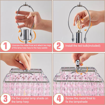 Crystal Touch Table Lamp, Bedside Lamp with USB C+A Ports, Pink Lamp