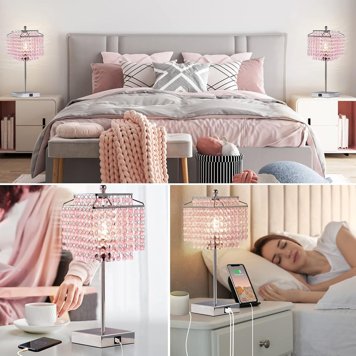 Crystal Touch Table Lamp, Bedside Lamp with USB C+A Ports, Pink Lamp