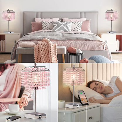 Crystal Touch Table Lamp, Bedside Lamp with USB C+A Ports, Pink Lamp