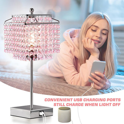 Crystal Touch Table Lamp, Bedside Lamp with USB C+A Ports, Pink Lamp