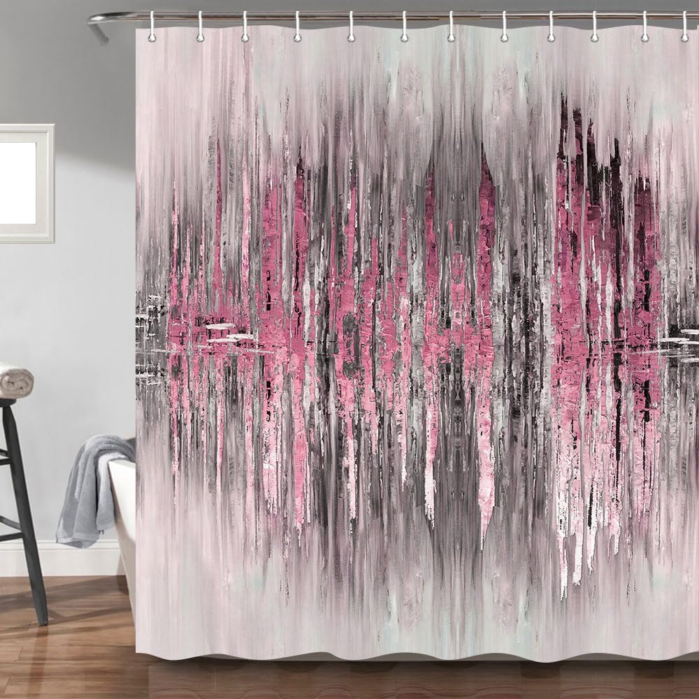 Abstract Shower Curtain, Modern Pink Gold crackNon Decor Bath Curtains, Stripe Contemporary Abstract Painting Fabric Bathtub Shower Curtain Set with Hooks,69X72in