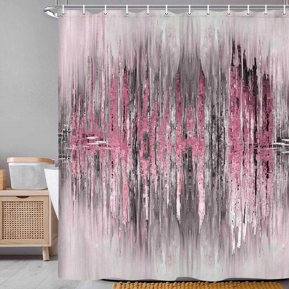 Abstract Shower Curtain, Modern Pink Gold crackNon Decor Bath Curtains, Stripe Contemporary Abstract Painting Fabric Bathtub Shower Curtain Set with Hooks,69X72in