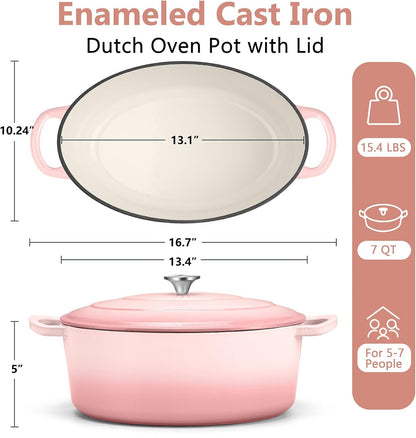 7QT Oval Dutch Oven, Enameled Cast Iron Dutch Oven Pot with Lid