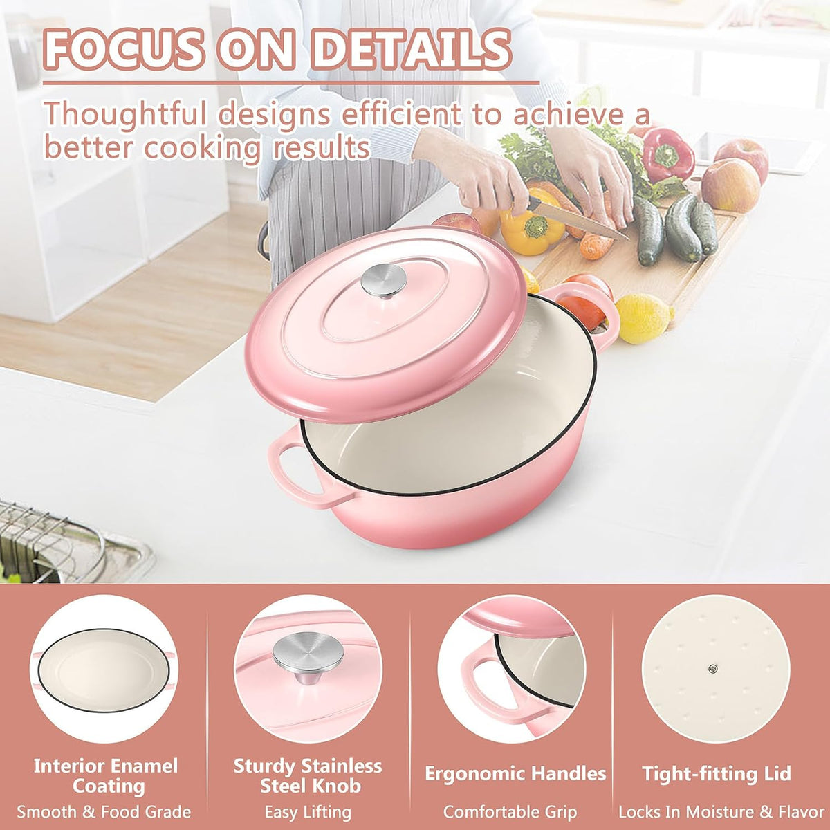 7QT Oval Dutch Oven, Enameled Cast Iron Dutch Oven Pot with Lid