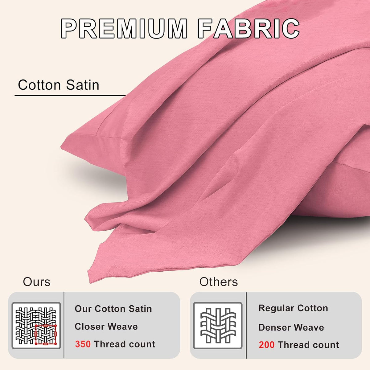 Standard Size Pillow Cases Set of 2, 100% Cotton Sateen, Breathable, Cooling, Soft for Quality Sleep, Pillow Covers with Envelope Closure, 20" x 26", Mauve Pink