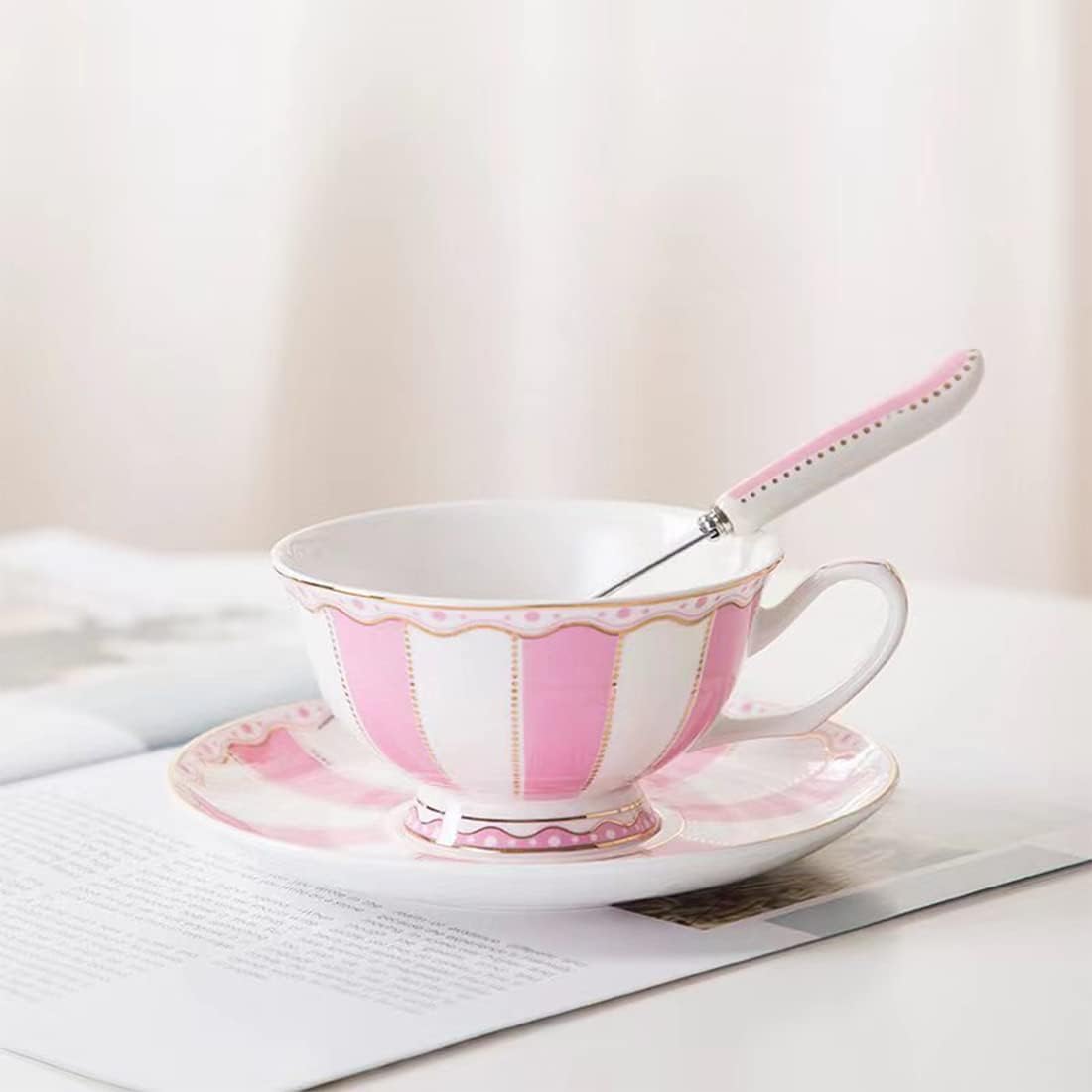 Bone China Pink Tea Cup with Saucer Spoon 3 Piece Set（7oz） Cappuccino Cups, Coffee Cups, Tea Cup Set, British Coffee Cups, Porcelain Tea Set, Latte Cups, Mother's Day Gift