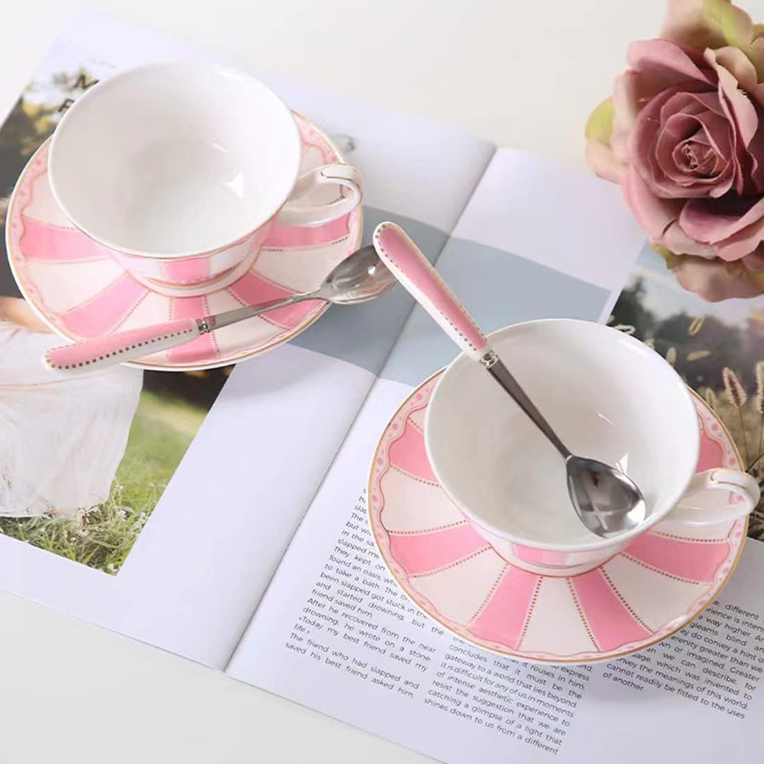 Bone China Pink Tea Cup with Saucer Spoon 3 Piece Set（7oz） Cappuccino Cups, Coffee Cups, Tea Cup Set, British Coffee Cups, Porcelain Tea Set, Latte Cups, Mother's Day Gift