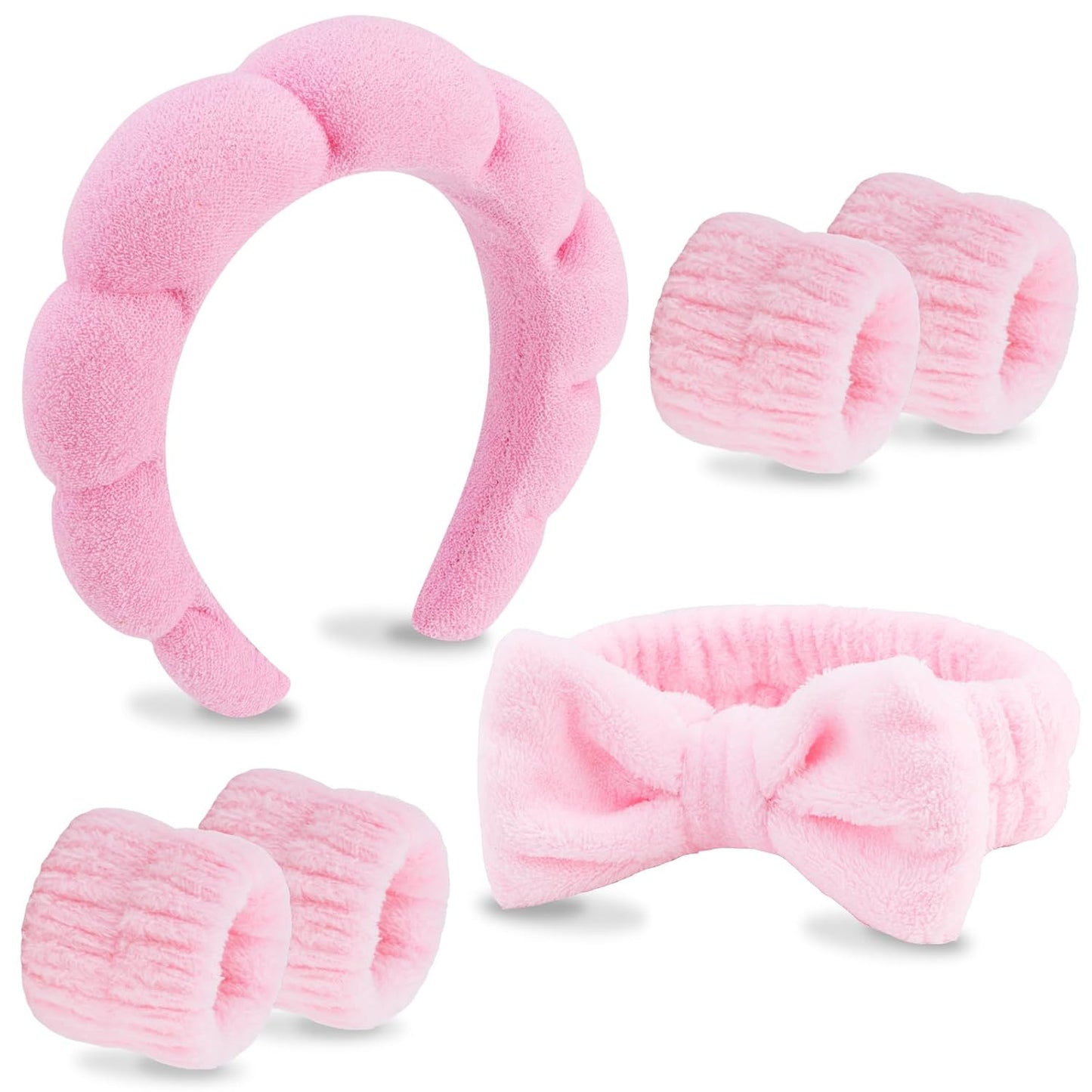 6 Pack Spa Headband, Makeup Headband, Face Wash Headbands, Skincare Headbands, Pink Sponge Hair Band Bow Tie Spa Head Band for Washing Face Wristband Set Hair Accessories for Women Girls